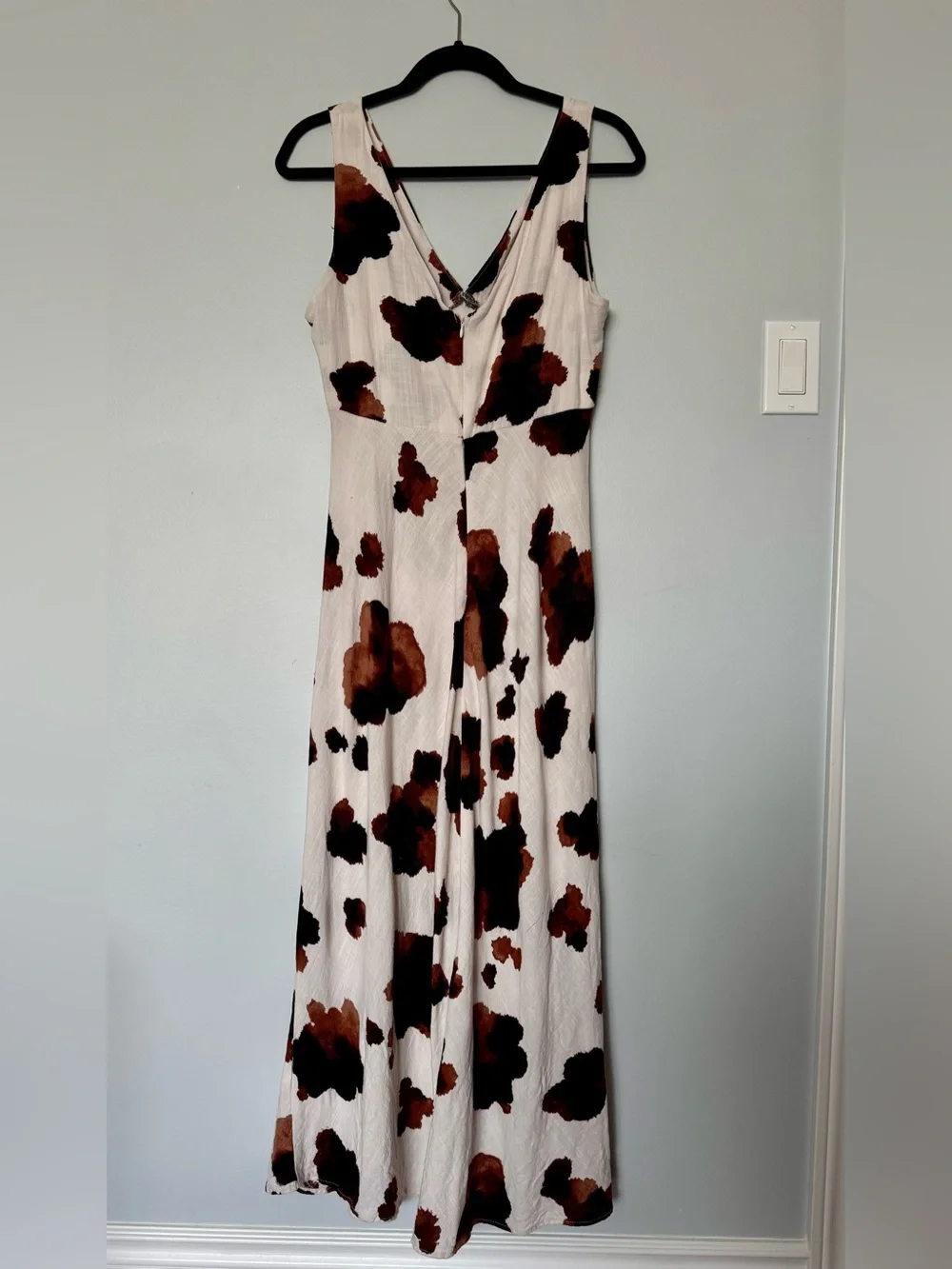 Paper Heart Linen Blend Midi Dress Size L Ivory Brown Abstract Print - Picture 3 of 8